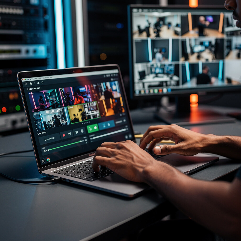 Hands operating a laptop showing live streaming and vision mixing software