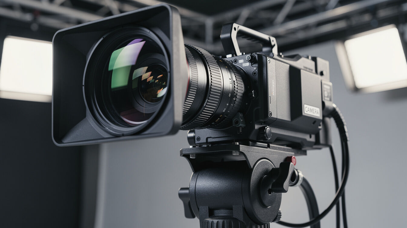 Close up of a professional camera lens on a broadcast television camera